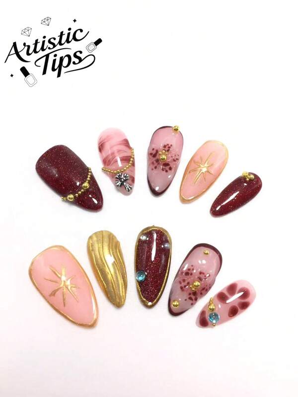 Conjunto de 10 peças. Unhas postiças artesanais em formato de amêndoa de 2,5 cm com pó espelhado, contas finas de aço com glitter, entalhes tridimensionais e esfumado. Simples, versátil para uso diário, elegante, distinto e reutilizável.
