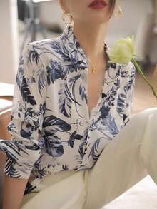 夏季女装全身印花树叶图案前扣女衬衫优雅时尚长袖翻领上衣商务休闲女衬衫 - 藏蓝色 - 查看 3