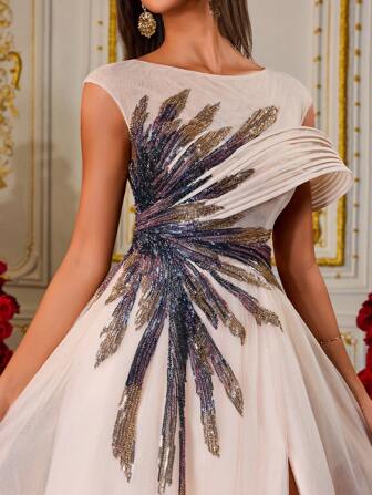 Champagne Tulle Sequin Sunburst Evening Gown With High Slit, Draped Formal Prom Dress, Luxury A-Line Ball Gown For Wedding Guest & Red-Carpet Gala, Formal Dress For Women, Elegant