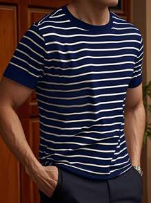 Men's Striped Knit Crew Neck Short Sleeve T-Shirt, Casual & Business Slim Fit, Breathable For Summer