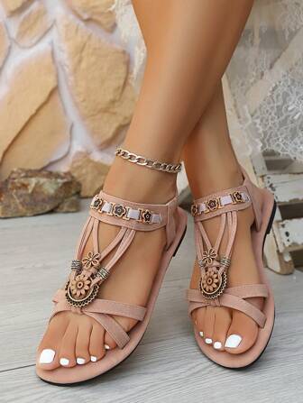 Women's Fashionable Beaded Flat Sandals, Bohemian Style Beaded Leather Comfy Versatile Spring/Summer/Autumn Sandals