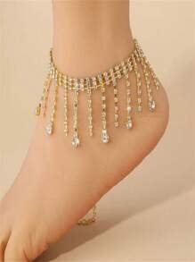 1 pièce Bracelet de cheville à pompons avec strass, bracelet de cheville minimaliste à double couche en forme de goutte d'eau pour les femmes, style estival décontracté, motif géométrique vintage en cuivre