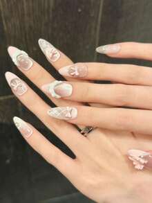 10片杏仁形手工美甲贴片，适合派对和日常佩戴，粉色，法式猫眼粉色蝴蝶结，杏仁形美甲，易于佩戴。10片Y2K手工美甲贴片，夏季美甲，夏季风格，适合女孩和女士参加节日派对和日常佩戴。美甲用品，手工美甲贴片。 - 淺粉色 - 查看 4