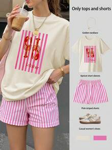 Lobster Print Loose Short Sleeve T-Shirt Paired With Striped Shorts, Casual Outfit Suitable For Chinese New Year And Other Festivals, Happy New Year!