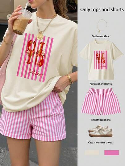 Lobster Print Loose Short Sleeve T-Shirt Paired With Striped Shorts, Casual Outfit Suitable For Chinese New Year And Other Festivals, Happy New Year!