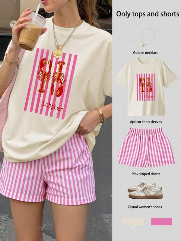 Lobster Print Printed Women's Oversize Short-Sleeved Tops Striped Shorts Suits Casual Women Outfits Women's Overside Short-Sleeved Tops, Summer Women Outfit, Graphic Tees, Graphic Tees, Vacation, Set, Summer Women Clothes, Women Outfit Sets, Summer Shorts, Knitted Tops, Woven Pants, Stripe Wide Leg Shorts Set, 2PCS