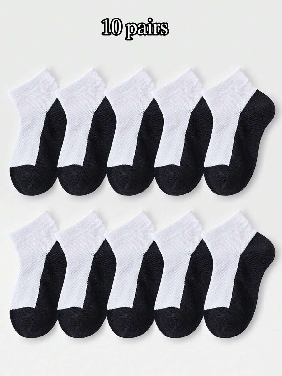 10 Pairs Spring/Summer Ankle Socks, Mesh Socks, Short Socks, Sports Socks, Student Socks, Casual Style, Contrast Color Design, Suitable For Boys And Girls Aged 1-16 - Multicolor - View 1