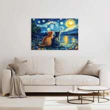 Framed [Van Gogh Canvas Art] Whimsical High-Quality   Van Gogh-Inspired Starry Night With Cartoon Cats Canvas Art - Framed Wall Decor, Ready To Hang For Modern Living Room & Bedroom, 2D, Perfect For Room Decor - Framed - View 2