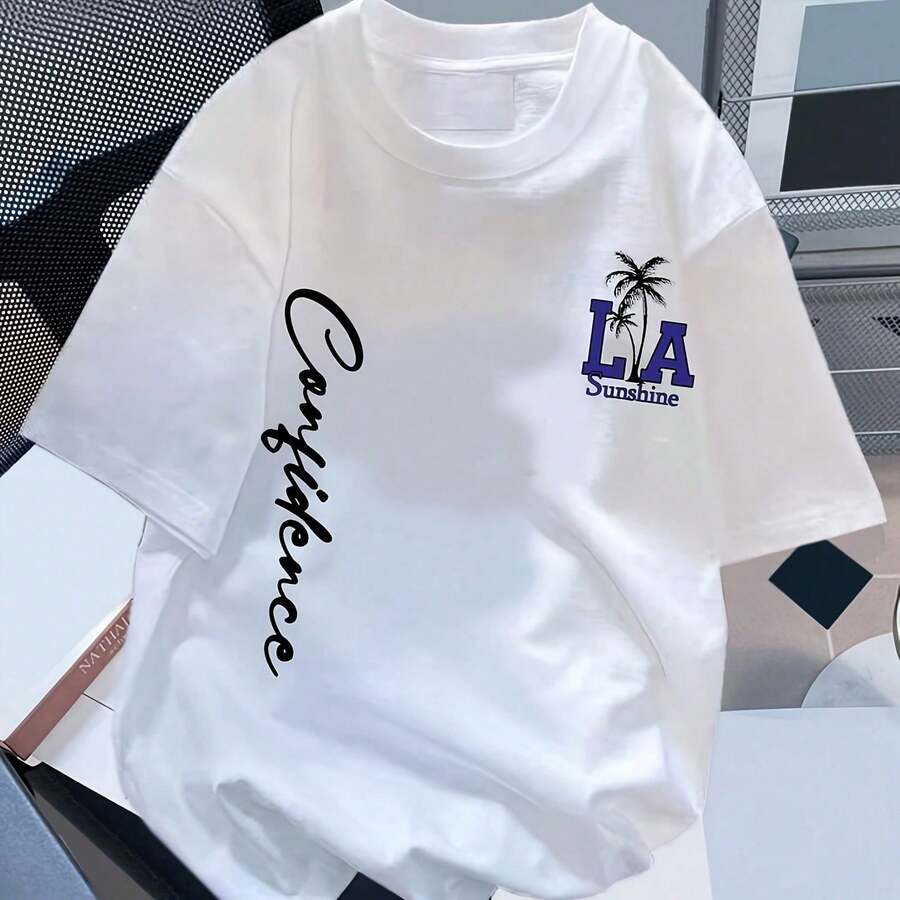 Oversized C-Asual Minimalist White LA Palm Tree Graphic Round Neck Short Sve T-Shirt For Wo, Loose Fit Summer Pullover, Cotton BlendY2K Wo's 220G Heavyweight 100% Cotton Unisex T-Shirt.Spring & Summer & Fall Clothes For Women & Men. This Heavy-Duty Shirt Combines Luxury Softness With Solid Structure. The Thick, Breathable Fabric Resists Sinkage And Fading While Providing All-Day Comfort. I For Streetwear,Festival, Workwear, Or Casual Looks, This Is A Must-Have For Anyone Who Loves Durable, Stylish Basics. - 白色1 - 查看 1