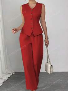 2 Stück/Set Damen Einfarbiger Lässig Pendler Outfit, ärmelloser Einreiher Rückenbindung Weste + Hohe Taille Weite Bein Hose, Frühling/Sommer 2025 Europäischer und Amerikanischer Stil