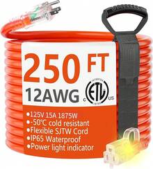 HUANCHAIN 12/3 Gauge Heavy Duty Outdoor Extension Cord 100 Ft Waterproof With Lighted End, Flexible Cold-Resistant 3 Prong Electric Cord Outside, 15Amp 1875W 12AWG SJTW, Yellow, ETL - Orange - View 1