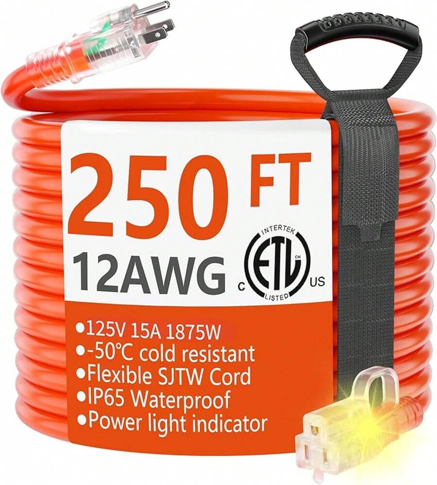 HUANCHAIN 12/3 Gauge Heavy Duty Outdoor Extension Cord 100 Ft Waterproof With Lighted End, Flexible Cold-Resistant 3 Prong Electric Cord Outside, 15Amp 1875W 12AWG SJTW, Yellow, ETL - Orange - View 1