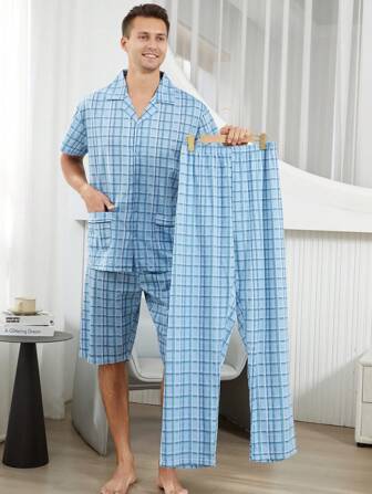 3 PiecesPajama Set For Men: Short Sleeve Top, Shorts, And Long Pants, Casual Wear & Loungewear