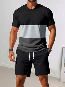 Conjunto deportivo de dos piezas para hombres, con camiseta de manga corta con diseño de empalme y pantalones cortos deportivos; conjunto de chándal de dos piezas para hombres; pantalones cortos con cordón y cintura elástica; adecuado para deportes de verano como fitness, fútbol, fútbol, recreación al aire libre, baloncesto y vacaciones en la playa. - Multicolor - Ver 1