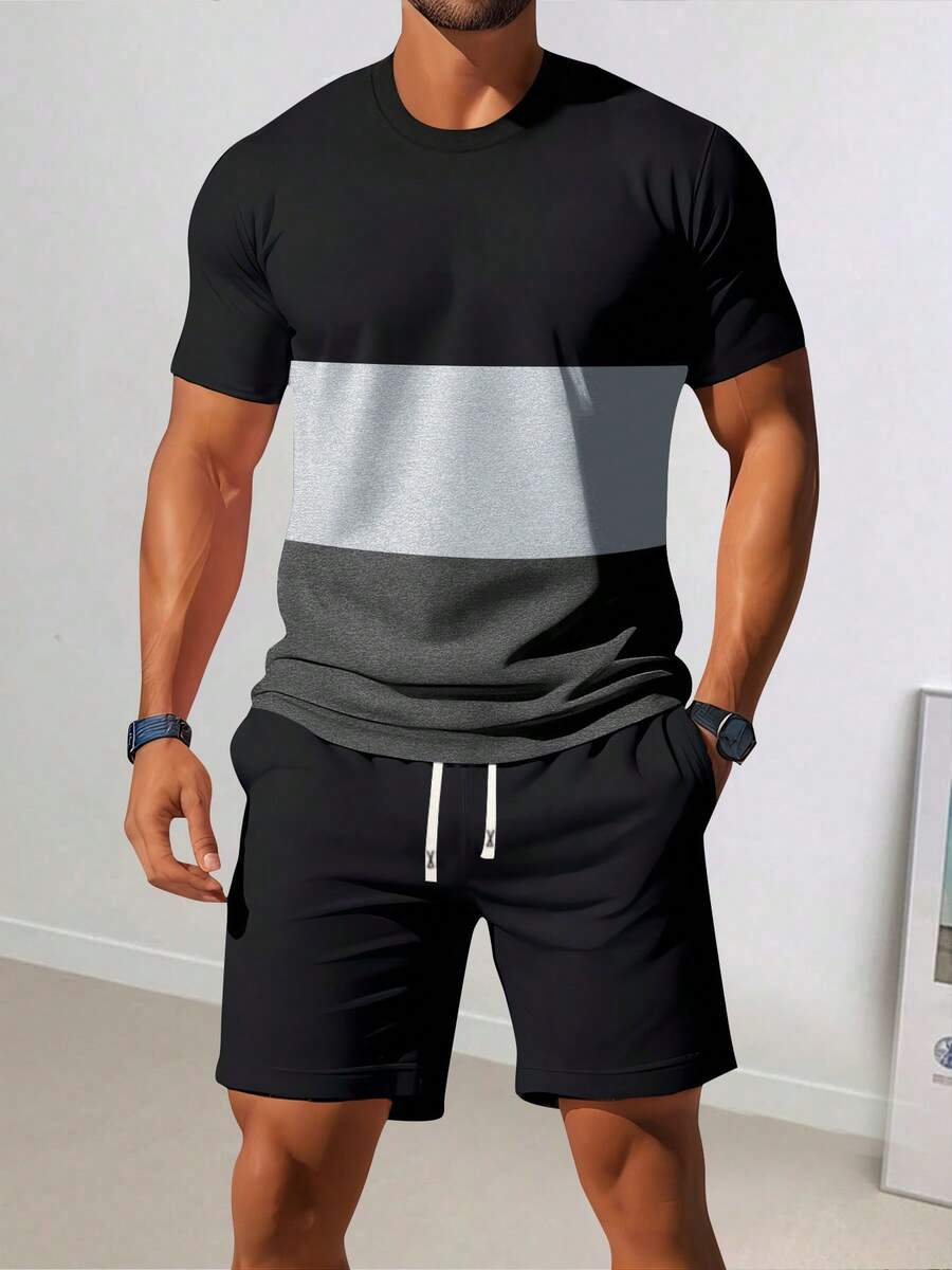 Conjunto deportivo de dos piezas para hombres, con camiseta de manga corta con diseño de empalme y pantalones cortos deportivos; conjunto de chándal de dos piezas para hombres; pantalones cortos con cordón y cintura elástica; adecuado para deportes de verano como fitness, fútbol, fútbol, recreación al aire libre, baloncesto y vacaciones en la playa. - Multicolor - Ver 1