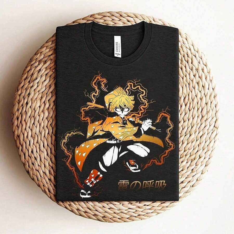 Zenitsu , Demon Slay , Anime Slayer , Hashira , Thunderclap And Flash , Uni Anime TY2K Wo's 220g Thick Cotton T-Shirt With Butterfly Print Pattern, Suitable For Girls And Wo's Short Sved Round Neck Inspirational Shirt, Cute Aesthetic Y2K Style Summer Top, Suitable For Outdoor, Family, Work Or Street Wear Casual Loose Daily T-Shirt - 黑色 - 查看 1