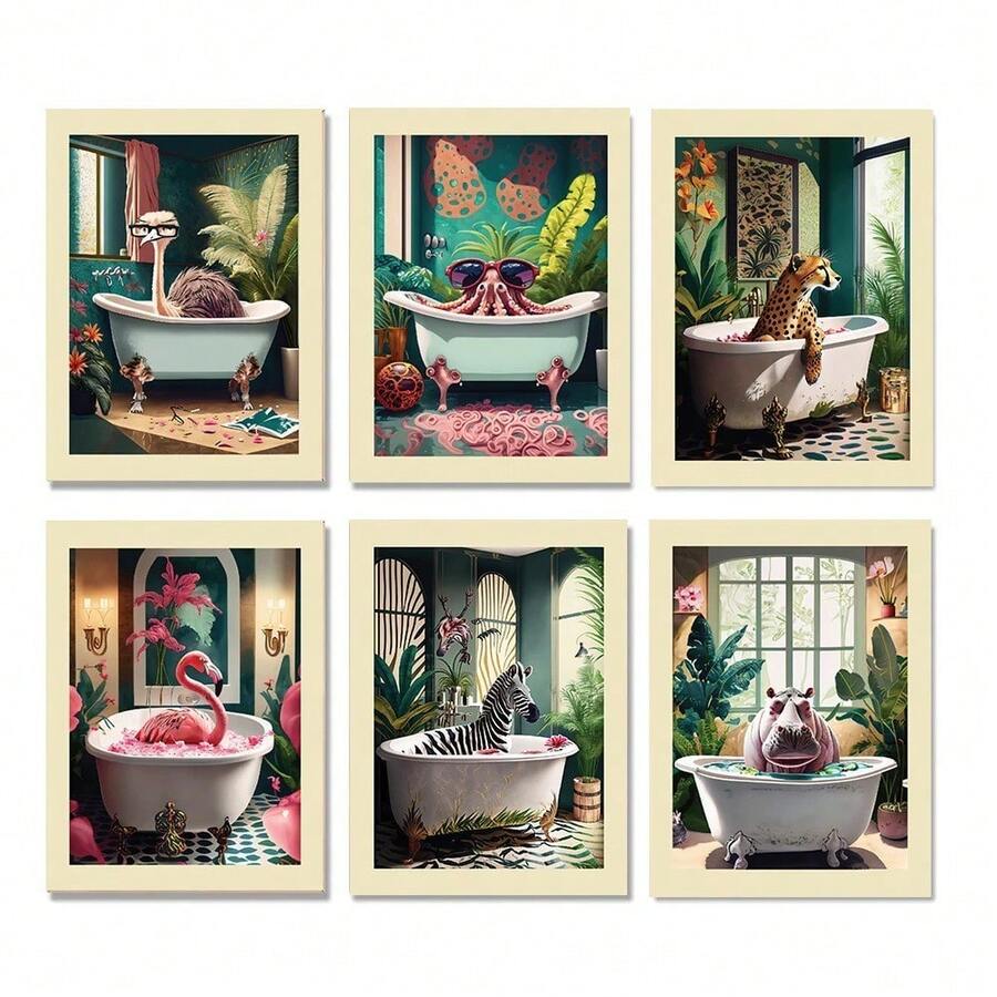 1pc Interesting Animal Bathtub Art Poster Ostrich Rhinoceros Octopus Printing Bathroom Wall Gifts Decor Optional Frame - Multicolor - View 1