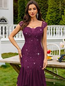 MIUSOL Sequin Floral Lace Sweetheart Neck Cap Sleeve Contrast Mesh Tiered Hem Evening Party Maxi Dress, Elegant Party Dress For Women, Formal Evening Gown, Prom Dress, For Wedding Guest, Graduation, Dinner, Valentine's Day - Maroon - View 10