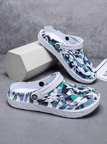 1 Pair Men's Asymmetrical Print Summer Cool Sport-Style Slippers, Beach Casual Outdoor Anti-Slip Thick Platform Sports EVA Beach Flip Flops Sandals