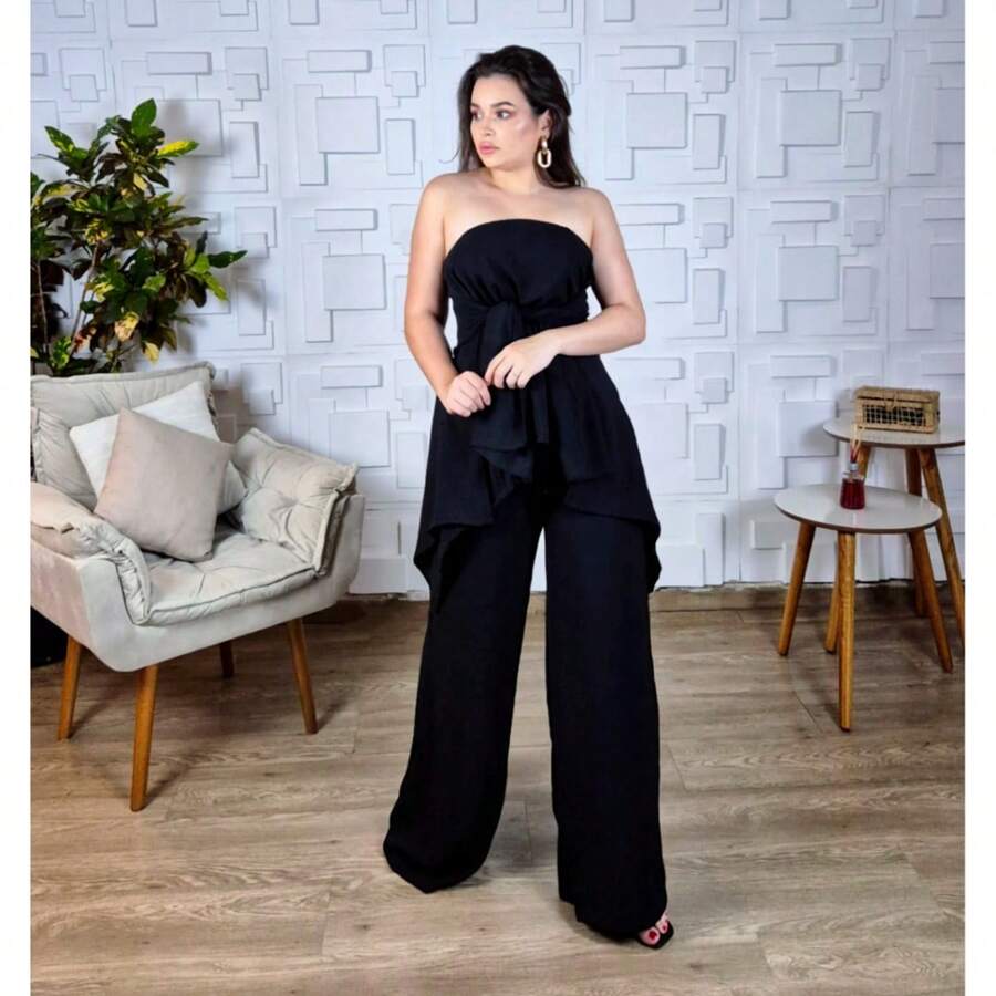 Conjunto 3 Peças Calça Blusa Capa e Top Elegante Social Duna Preto Chique Várias Formas 7 em 1