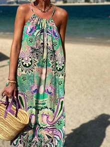 Vestido largo de tirantes con estampado floral, estilo casual y suelto para vacaciones en la playa, talla grande para mujeres