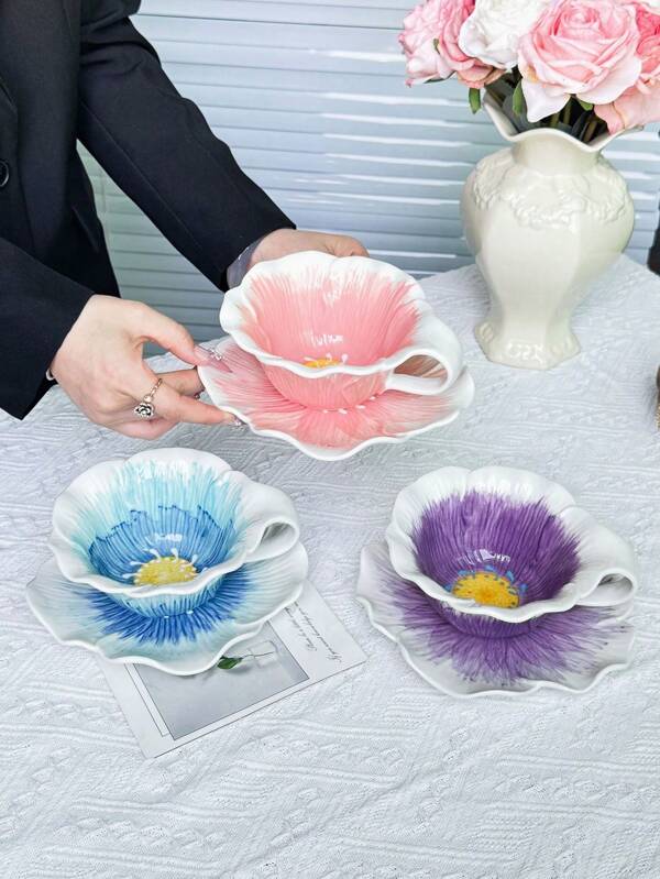 1 pieza de taza y platillo de café de flores de alta calidad, material cerámico, taza multicolor con flores, taza de té de la tarde, taza de agua de gran capacidad, taza individual para uso doméstico, plato que puede usarse como plato de postre, plato para almacenar joyas, regalo de cumpleaños de alta calidad, taza y platillo de recuerdo de regreso a la escuela