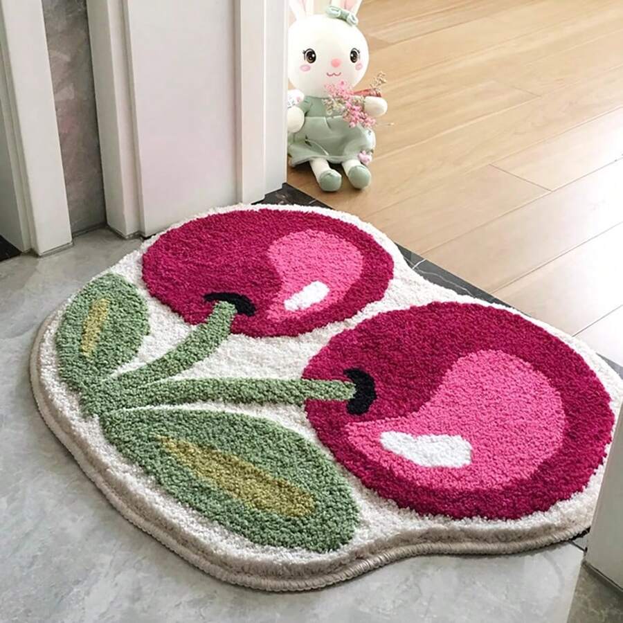 1pc Cherry Pattern Plush Bath Mat, 50x62cm (19.7x24.4 Inch), Soft, Machine Washable, Bathroom Bedroom Living Room Kitchen Entrance Door Rug, Thick Non-Slip Absorbent Soft Bathroom Toilet Lid Cover Room Decor Bathroom Accessories Back To School Bathroom Kitchen Decor - Multicolor - View 1