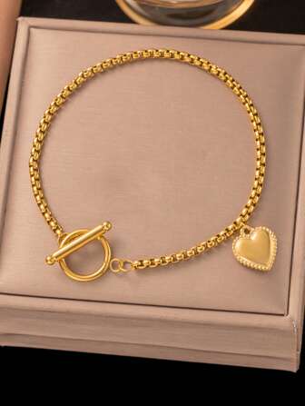 1pc 18K Gold-Plated Stainless Steel Heart Pendant Bracelet, INS 2025 New Style, Waterproof Jewelry Accessory For Daily Wear, Suitable For Women, Gift (Gift Box Not Included)