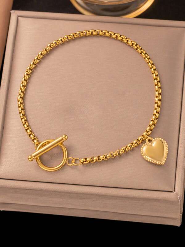 1 pieza Pulsera con colgante de corazón chapada en oro de 18K de acero inoxidable, nuevo estilo 2025 INS, accesorio de joyería resistente al agua apto para uso diario, adecuado para mujeres, regalo (caja de regalo no incluida)