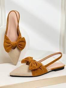 Fall/Winter 2025 New Korean Style Bowknot Pointed Toe Backless Slip-On Mule Shoes, Fashion Versatile Casual Hollow Out Sandals For Ladies, Suitable For All Seasons,Flats