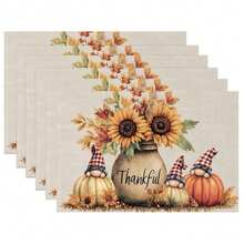 4/6 peças de caminho de mesa de Ação de Graças de outono, capa de mesa de poliéster reutilizável e lavável à máquina com abóbora, folha de bordo, girassol e design "Olá Outono" para decoração sazonal de jantar em casa