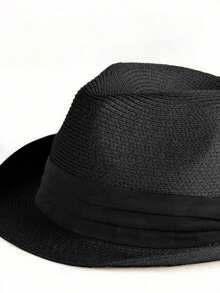 1pc Men's Panama Sun Hat With Black Strap, Woven Straw Cowboy Hat For Beach - Black Hat With Black Ribbon - View 3