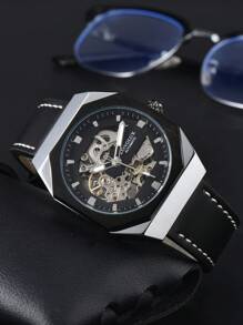 LONGLUX 1pc Men's Automatic Mechanical Watch With Leather Strap, Water-Resistant, Casual, Carved Hollow Movement Watch