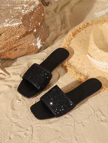 2 Pieces 2025 New Design Women Flat Slippers, Simple Strap Fashion Resort Beach Style Open Toe - Black - View 5