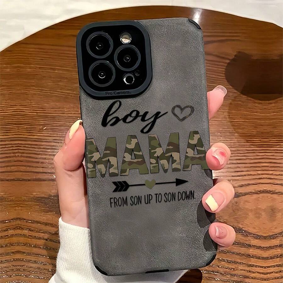 Camouflage Mobile Phone Case, Featuring A Bold "Boy Mama" Graphic And Heart Design, Suitable For IPhone 16, 15, 14, 13, 12 And 11 Pro Models, Made Of TPU Material, And Provides Shockproof Protection. Perfect For Family, Friends, Mothers, Birthdays, Spring, Holidays, And Special Occasions. - Black - View 1