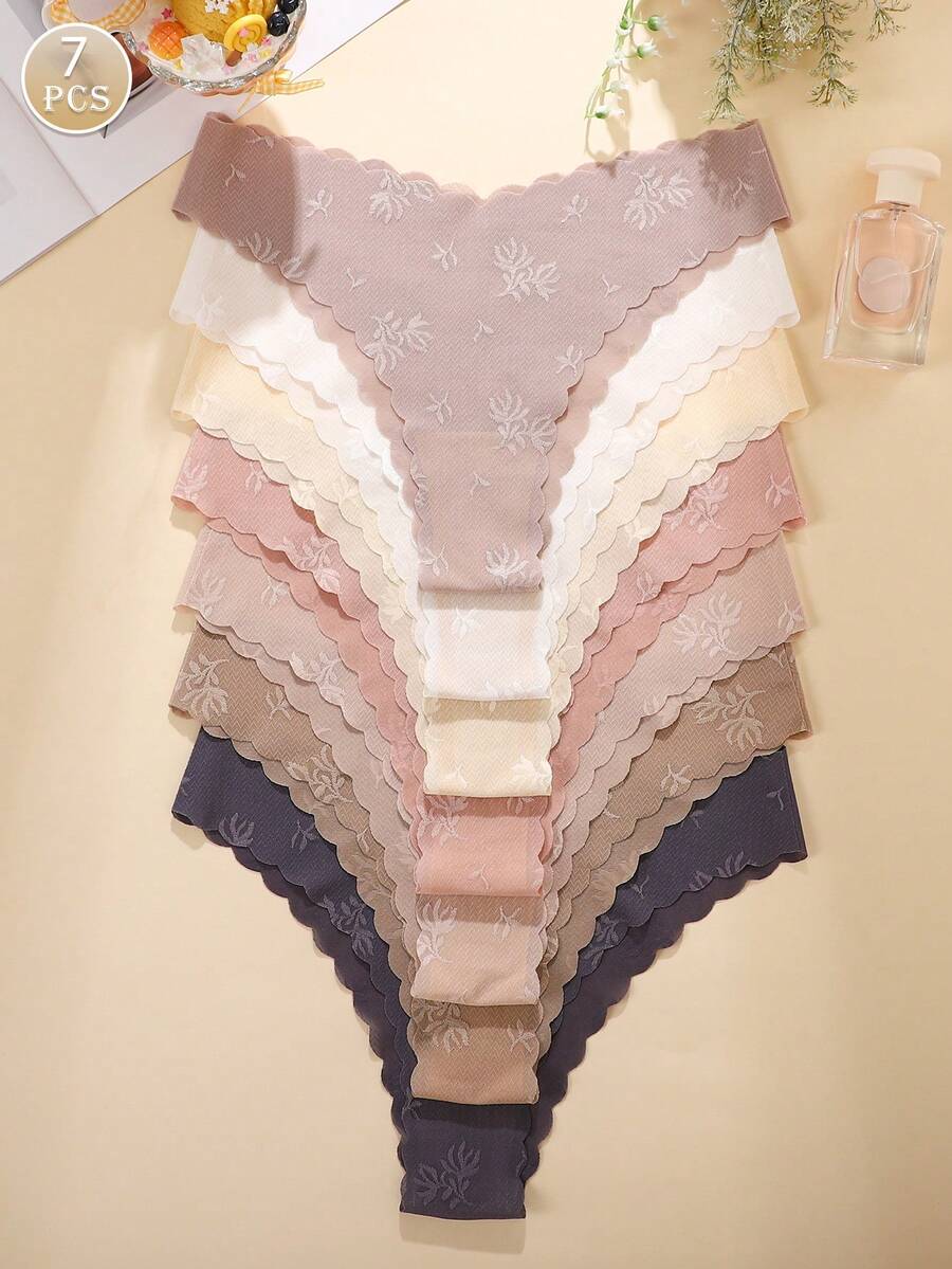 7pcs/Set Women Floral Print Smooth Fabric Seamless Panty With Scalloped Hem, Comfy Casual Ladies Underwear