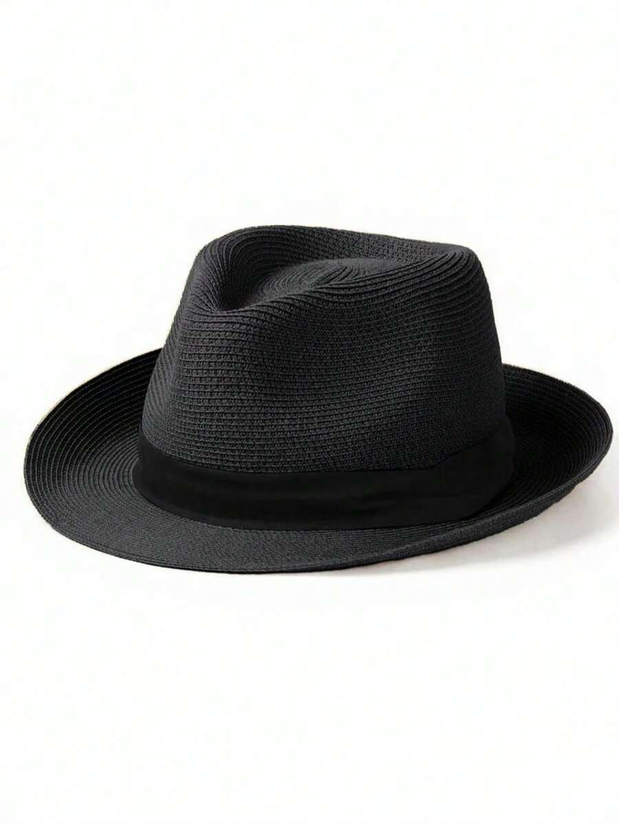 1pc Men's Panama Sun Hat With Black Strap, Woven Straw Cowboy Hat For Beach - Black Hat With Black Ribbon - View 1