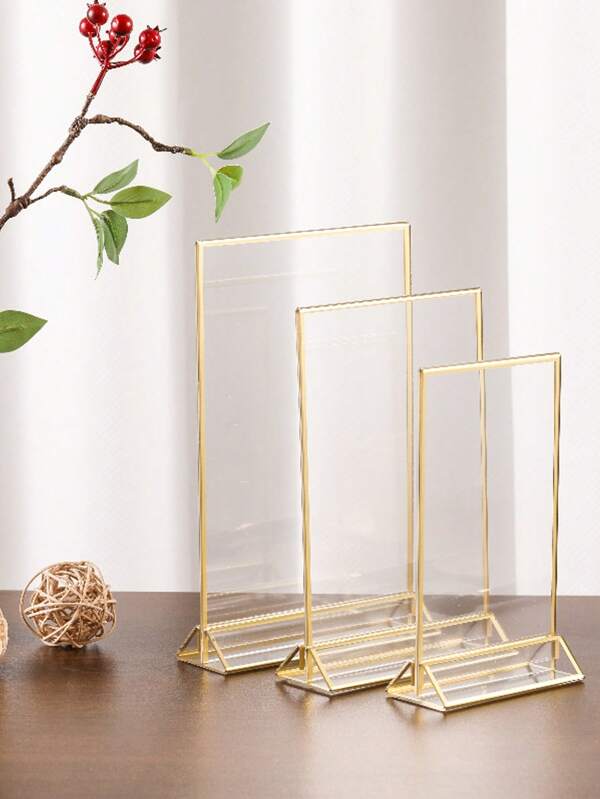 1 Pieza Marco acrílico con borde dorado, en forma de triángulo, soporte de mesa de doble cara vertical y horizontal, portaprecios de mesa transparente, portamenús de sobremesa deslizante (retirar la película protectora antes de usar)