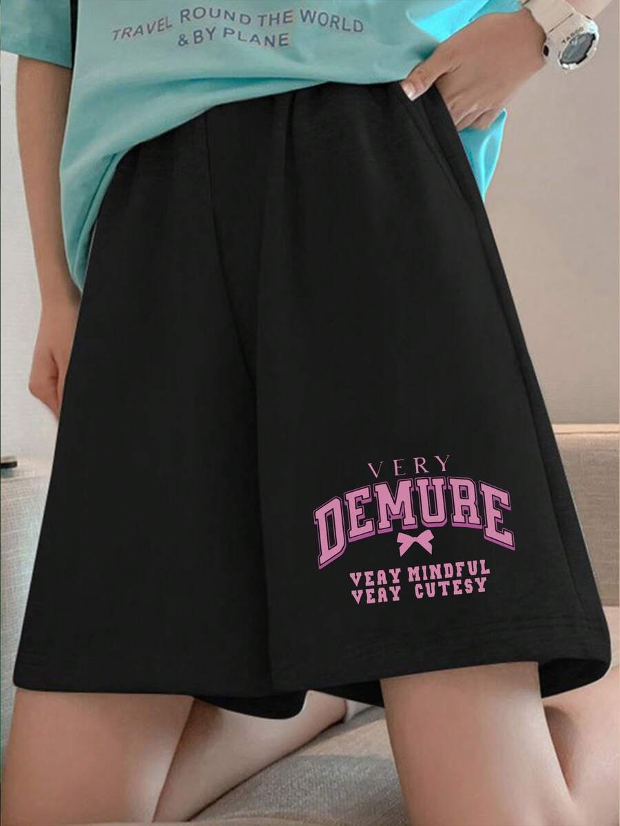 少女短裤宽松端庄蝴蝶结可爱柔软舒适夏季装 - 黑色 - 查看 1