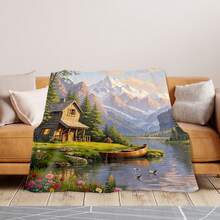 Serene Mountain View Boat Lake Cabin Cozy Blanket Flannel Digital Printing Throw Blanket Soft Warm Comfortable Flannel Fleece For Sofa Bed Travel Camping Living Room Office Chair Polyester Gift For Family Or Friends - Multicolor - View 3