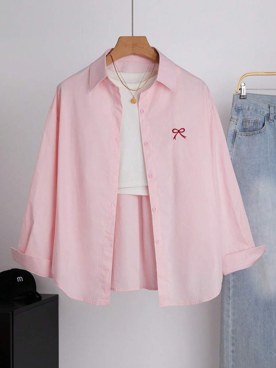 Women's Solid Color Minimalist Embroidered Bow Decor Long Sleeve Shirt Spring - Bow Pink - View 1