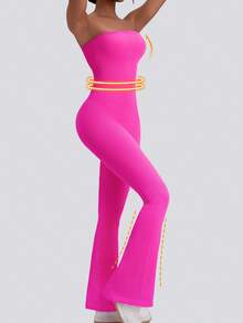 Seamless Flare Jumpsuit Women Slimming Yoga Activewear Tube Top Bodysuit High Waist Tummy Control Gym Workout Wear Stretchable Outdoor Sportswear Casual Body Shaper Breathable Fitness Apparel - 玫紅色 - 查看 2