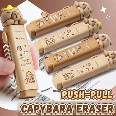 4pcs Capybara Theme Retractable Erasers | Cartoon Colorful Design, Push-Pull Structure | High-Quality Pencil & Pen Erasers | No Residue, Easy Storage | Suitable For School & Office Use, Essential Stationery | Illustrated Cover | Residue-Free Eraser