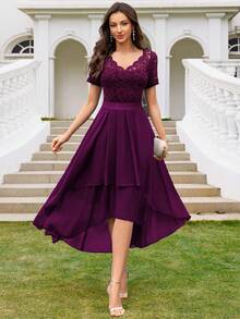 MIUSOL 花卉蕾丝V领褶皱高低摆雪纺晚礼服 - 紫紅色 - 查看 5