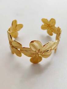 Open Bangle Bracelet With Floral Gold Accent, Women's Jewelry, Valentine's Day Accessory