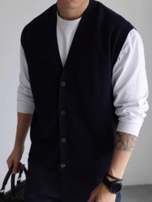 Men's Solid Color Single-Breasted V-Neck Knit Sweater Vest, For Fall Winter