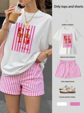 Lobster Print Printed Women's Oversize Short-Sleeved Tee And Striped Shorts Suits Casual Outfits,Chinese New Year, Spring Festival,Happy New Year