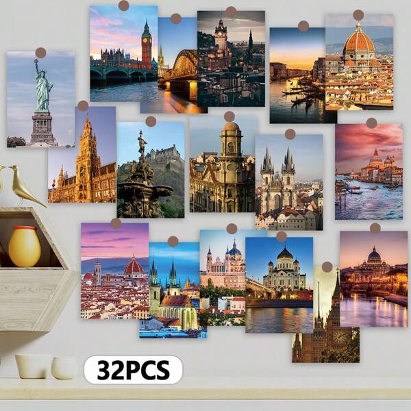 32 piezas Tarjetas postales de Hitos Icónicos de todo el mundo, tarjetas postales de Arquitectura Moderna Famosa, Patrimonio y Paisajes para Scrapbooking/Decoración de Pared/Tarjetas de Felicitación/Envío/Recuerdos/Tarjetas de Vacaciones/Decoraciones, Adecuadas para Recuerdos de Viajes, Saludos, Vacaciones, Fiestas, Útiles Escolares (Accesorios no incluidos)