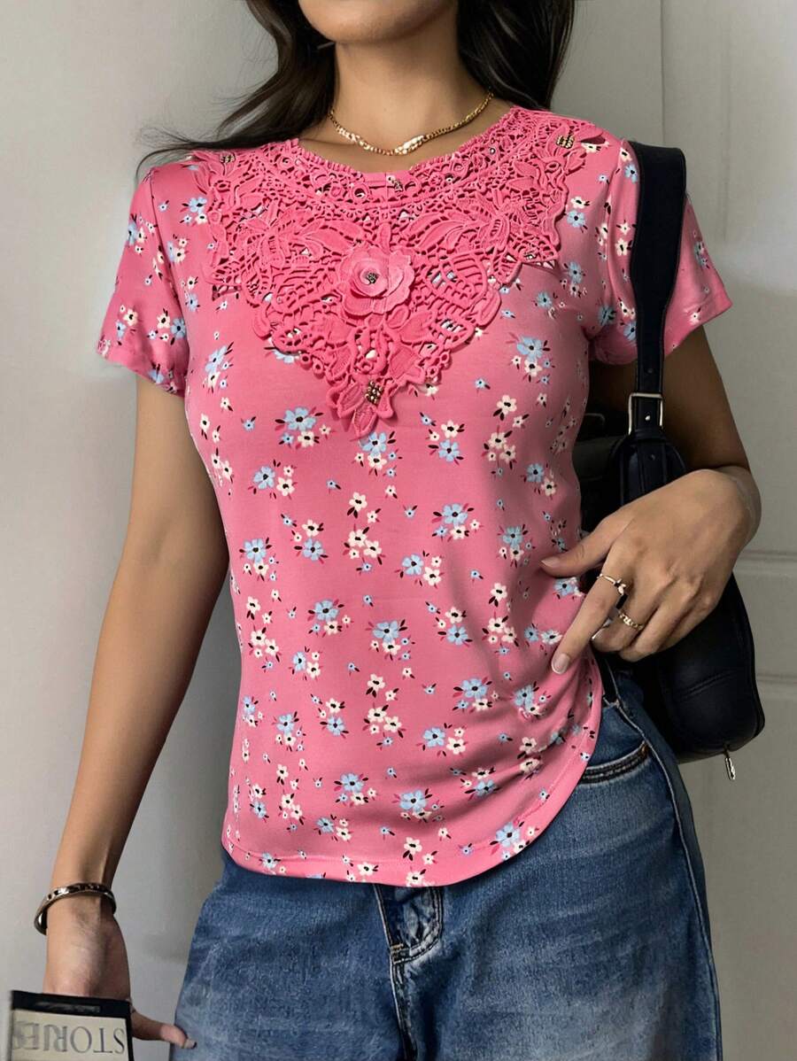 Una blusa Floral Casual Dulce Apliques Diario primavera - Rosa - Ver 1