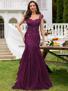 MIUSOL Sequin Floral Lace Sweetheart Neck Cap Sleeve Contrast Mesh Tiered Hem Evening Party Maxi Dress, Elegant Party Dress For Women, Formal Evening Gown, Prom Dress, For Wedding Guest, Graduation, Dinner, Valentine's Day - Maroon - View 2